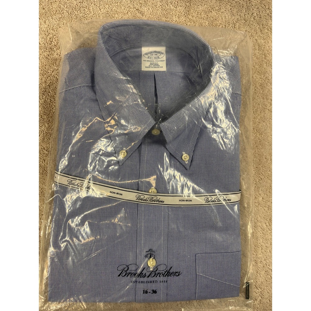 Brooks Brothers Mens 16 36 Slim Fit Non-Iron Dress Shirt Blue Micro Check 06873